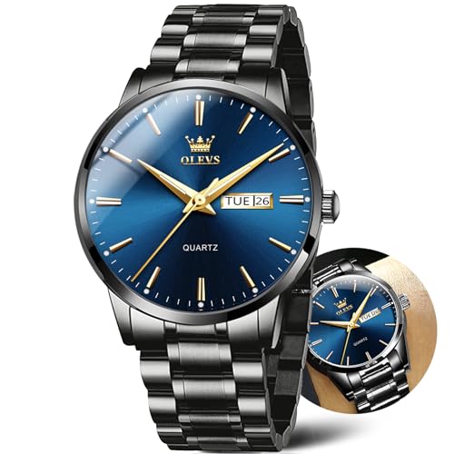 Day Date Watches Men,Black Steel Blue Men Watch,Big Face Men Watch,Luxury Men Watches,Black Steel Watch Man Waterproof,Luminous Men Watch,Male Watches,Men Dress Watch for Men,Classic Steel Wristwatch